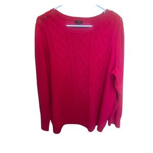 Talbots Woman Red Cable Knit Sweater Lambswool‎ Blend Shoulder Button Detail 2X